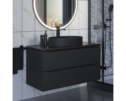 Комплект Тумба со столешницей для ванной Uperwood Tanos (100 см, черная/бук темный, с накладной раковиной Rome, цвет черный)