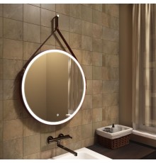 Зеркало для ванной с подсветкой Uperwood Round (80 см, LED подсветка, сенсор, коричневый ремень)