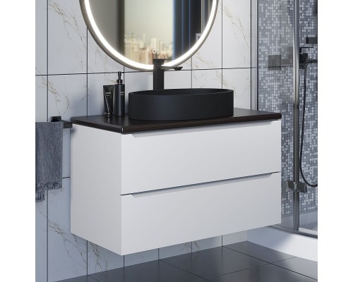 Комплект Тумба со столешницей для ванной Uperwood Tanos (90 см, белая/бук темный с накладной раковиной Rome, цвет черный)