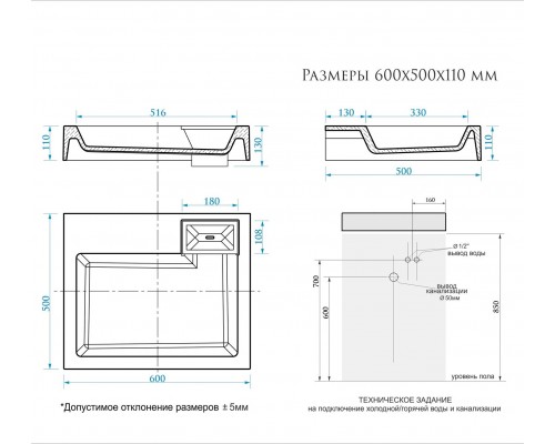 Раковина над стиральной машиной Uperwood Vission 60х50 см, белая глянцевая