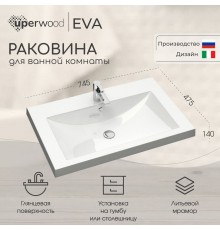 Раковина для ванной полувстраиваемая Uperwood Eva 75 см, белая