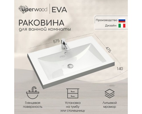 Раковина для ванной полувстраиваемая Uperwood Eva 60 см, белая