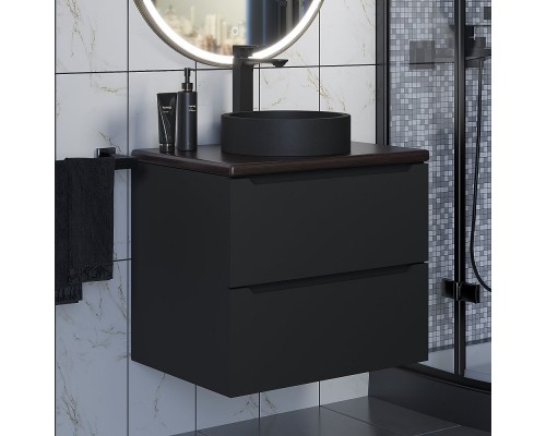 Комплект Тумба со столешницей для ванной Uperwood Tanos (60 см, черная/бук темный, с накладной раковиной Round, цвет черный)