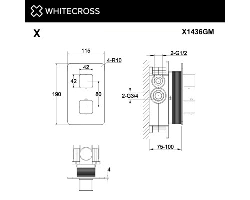 Смеситель термостатический для душа скрытого монтажа WHITECROSS X X1436GM (оружейная сталь)
