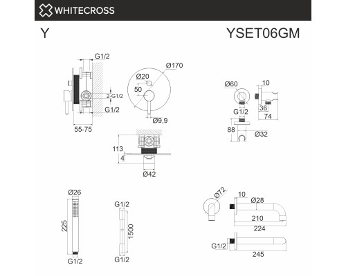 Система для ванны скрытого монтажа WHITECROSS Y YSET06GM (оружейная сталь)