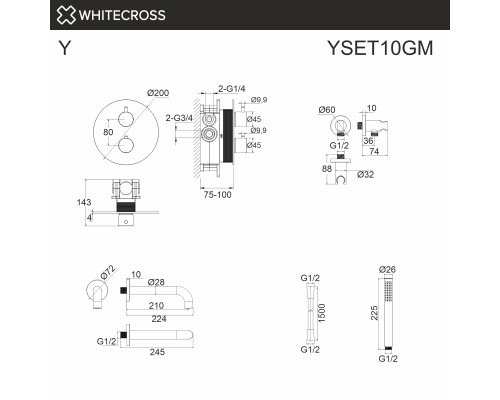 Термостатическая система для ванны скрытого монтажа WHITECROSS Y YSET10GM (оружейная сталь)