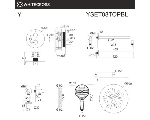 Термостатическая душевая система скрытого монтажа WHITECROSS Y YSET08TOPBL (черный мат)