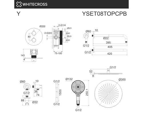 Термостатическая душевая система скрытого монтажа WHITECROSS Y YSET08TOPCPB (брашированная медь)