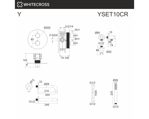 Термостатическая система для ванны скрытого монтажа WHITECROSS Y YSET10CR (хром) Elit-san.ru