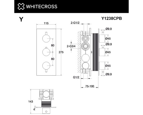 Смеситель термостат скрытого монтажа на 3 потребителя WHITECROSS Y Y1238CPB (брашированная медь)