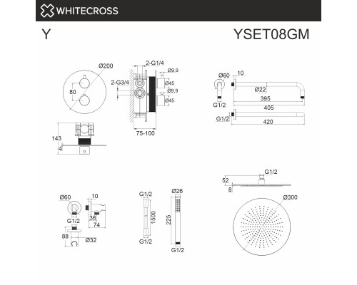 Термостатическая душевая система скрытого монтажа WHITECROSS Y YSET08GM (оружейная сталь)
