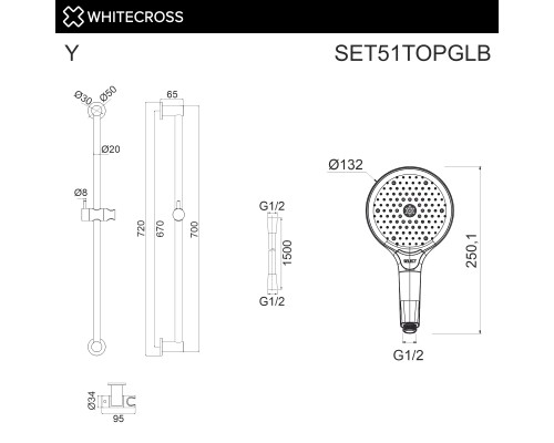 Душевой гарнитур на штанге WHITECROSS SET51TOPGLB (брашированное золото)