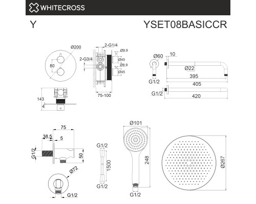 Термостатическая душевая система скрытого монтажа WHITECROSS Y YSET08BASICCR (хром)