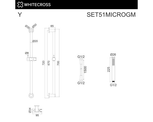 Душевой гарнитур на штанге WHITECROSS SET51MICROGM (оружейная сталь)