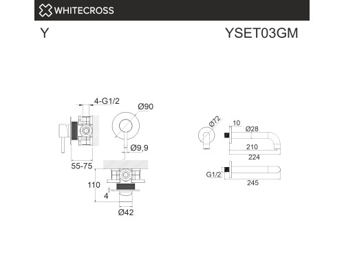 Система для ванны скрытого монтажа WHITECROSS Y YSET03GM (оружейная сталь)