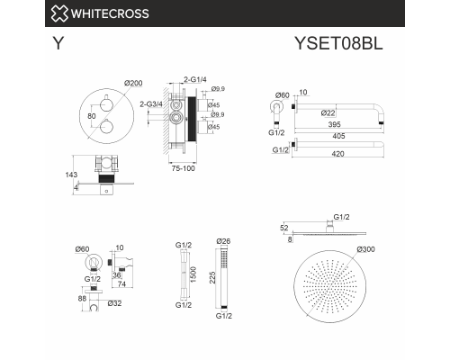 Термостатическая душевая система скрытого монтажа WHITECROSS Y YSET08BL (черный мат) Elit-san.ru