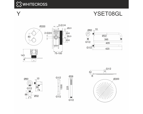 Термостатическая душевая система скрытого монтажа WHITECROSS Y YSET08GL (золото) Elit-san.ru