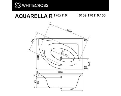 Ванна WHITECROSS Aquarella 170x110 (правая) "LINE" (хром)