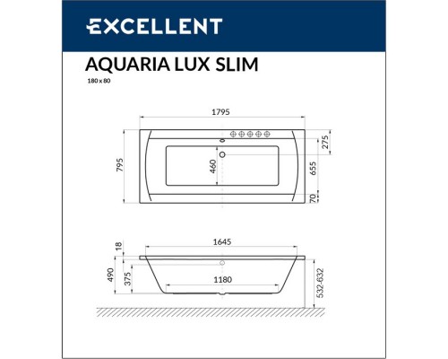 Ванна EXCELLENT Aquaria Lux Slim 180x80 "SMART" (белый)