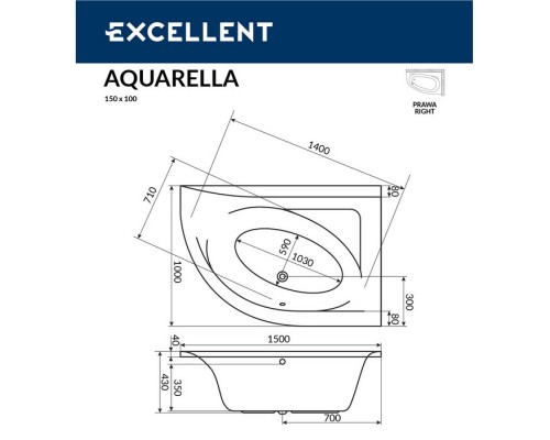 Ванна EXCELLENT Aquarella 150x100 (правая) "LINE" (белый)