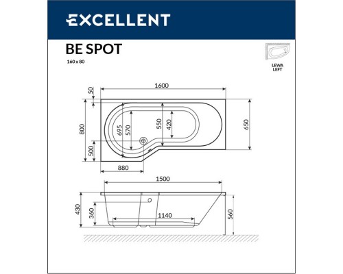 Ванна EXCELLENT Be Spot 160x80 (левая) SOFT (хром) Elit-san.ru