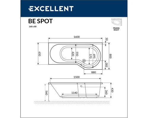 Ванна EXCELLENT Be Spot 160x80 (правая) RELAX (хром) Elit-san.ru