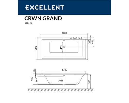 Ванна EXCELLENT Crown Grand 190x90 "RELAX" (белый)