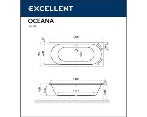 Ванна EXCELLENT Oceana 160x75 "LINE" (белый)