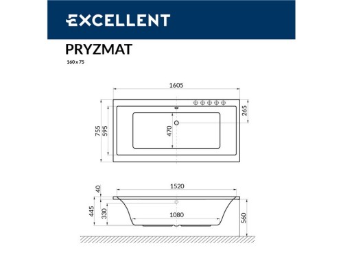 Ванна EXCELLENT Pryzmat 160x75 SMART (хром) Elit-san.ru