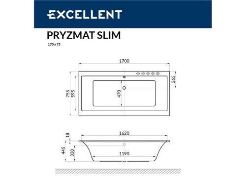 Ванна EXCELLENT Pryzmat Slim 170x75 "SOFT" (белый)