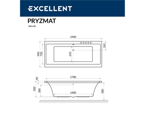 Ванна EXCELLENT Pryzmat 190x90 SMART (хром) Elit-san.ru