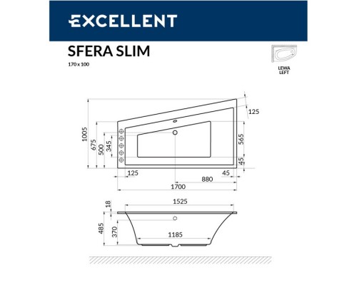 Ванна EXCELLENT Sfera Slim 170x100 (левая) "LINE" (белый)