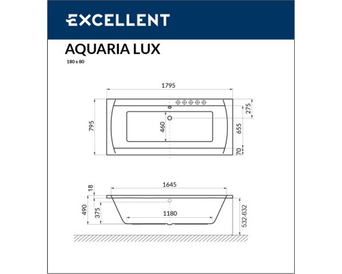 Ванна EXCELLENT Aquaria Lux Slim 180x80 SOFT (золото) Elit-san.ru