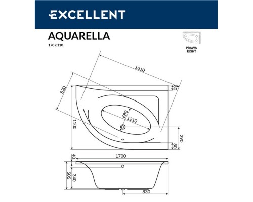 Ванна EXCELLENT Aquarella 170x110 (правая) "RELAX" (белый)