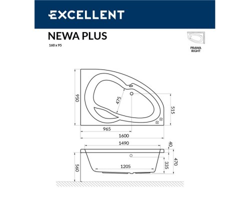 Ванна EXCELLENT Newa 160x95 (правая) "LINE" (белый)