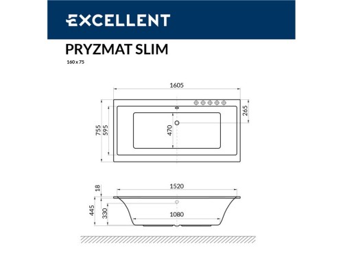 Ванна EXCELLENT Pryzmat Slim 160x75 LINE (хром) Elit-san.ru