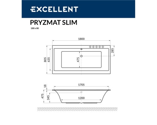 Ванна EXCELLENT Pryzmat Slim 180x80 "LINE" (белый)