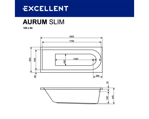Ванна EXCELLENT Aurum Slim 180x80 HYDRO+ (хром) Elit-san.ru