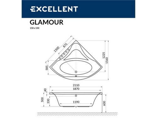 Ванна EXCELLENT Glamour 150x150 "LINE" (белый)