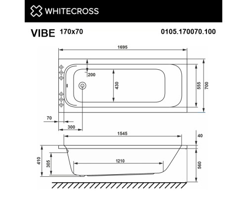 Ванна WHITECROSS Vibe 170x70 "LINE NANO" (хром)