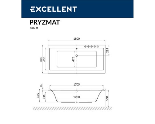 Ванна EXCELLENT Pryzmat 180x80 "LINE" (белый)