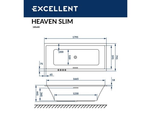 Ванна EXCELLENT Heaven Slim 180x80 "LINE" (белый)