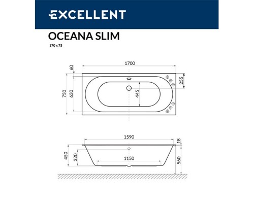 Ванна EXCELLENT Oceana Slim 170x75 "SOFT" (белый)