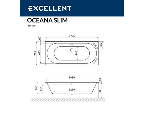 Ванна EXCELLENT Oceana Slim 180x80 "SOFT" (белый)