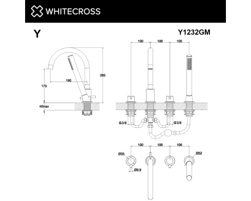 Смеситель для ванны на 4 отверстия WHITECROSS Y Y1232GM (оружейная сталь)
