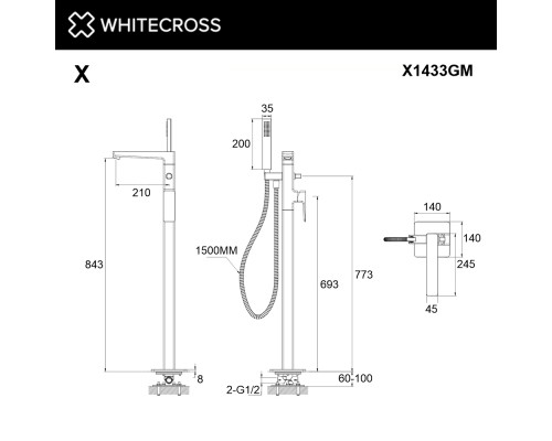 Смеситель для ванны отдельностоящий WHITECROSS X X1433GM (оружейная сталь)