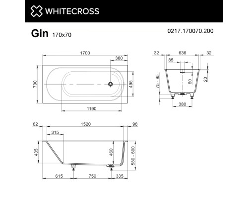 Ванна WHITECROSS Gin 170x70 (белый мат) иск. камень