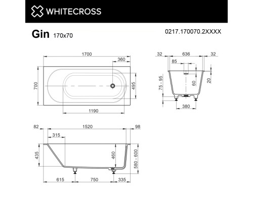 Ванна WHITECROSS Gin 170x70 (RAL мат) иск. камень