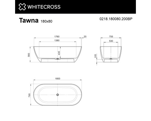 Ванна WHITECROSS Tawna 180x80 БЕЗ ПЕРЕЛИВА (белый мат) иск. камень