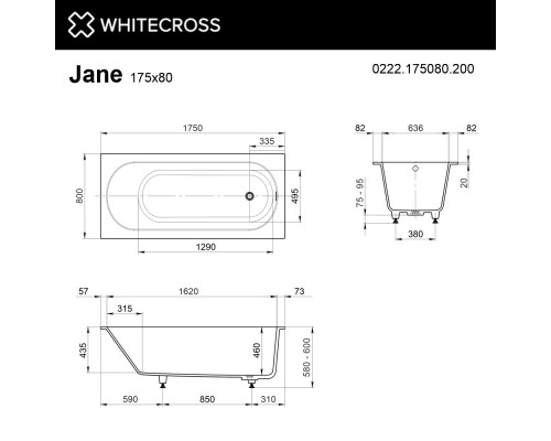 Ванна WHITECROSS Jane 175x80 (белый мат) иск. камень